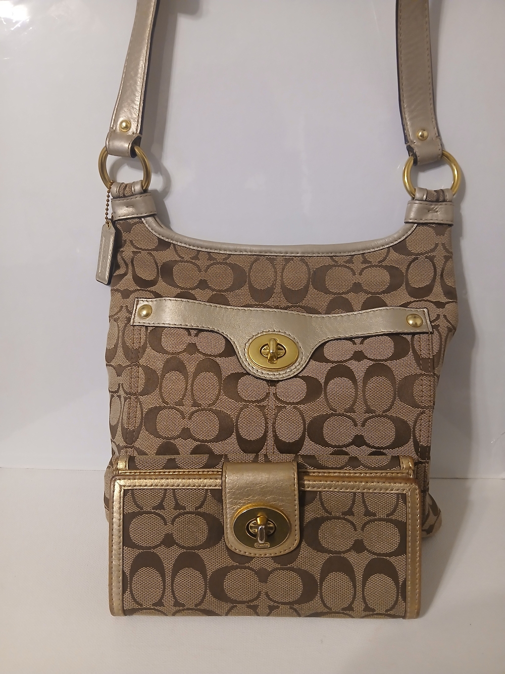 Coach Khaki Signature Canvas Shoulder Bag with Gold Trim and Matching Wallet